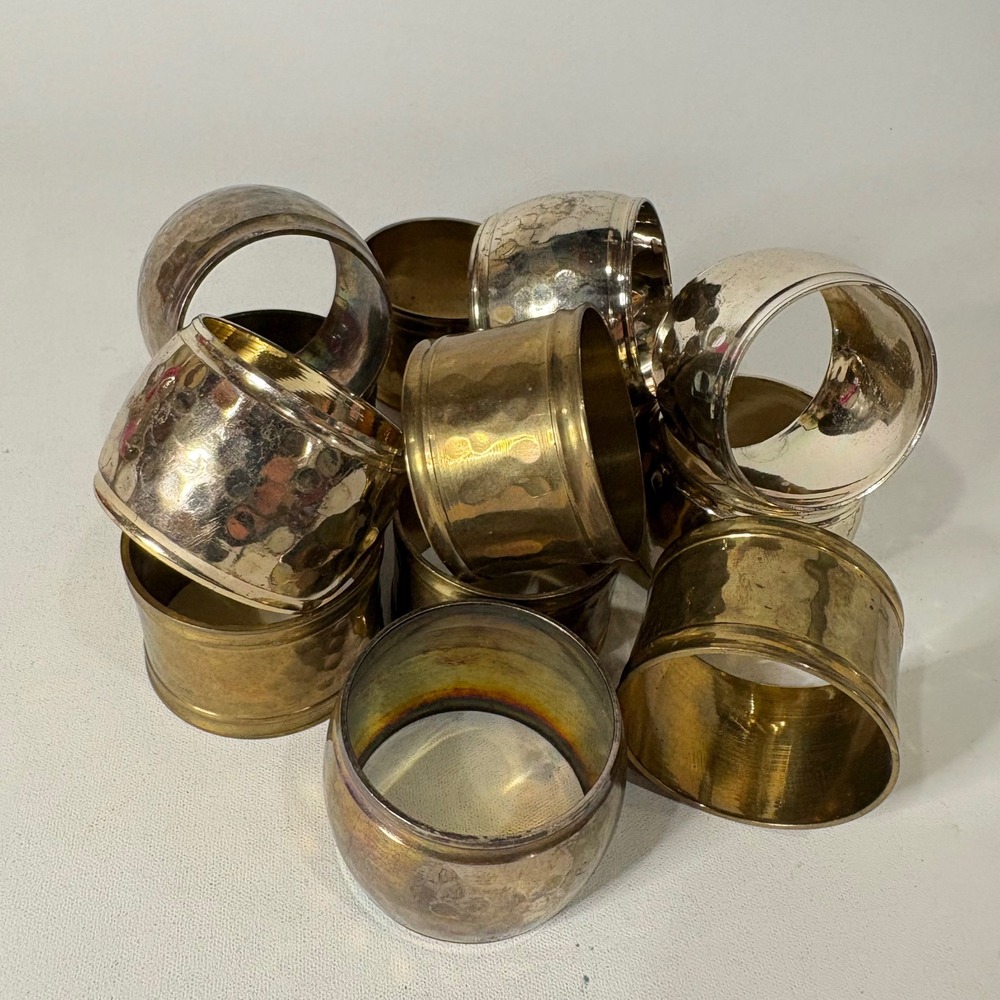 Vintage Mixed Lot 13 Napkin Rings Hammered Brass and Silver Tone Metal Assorted